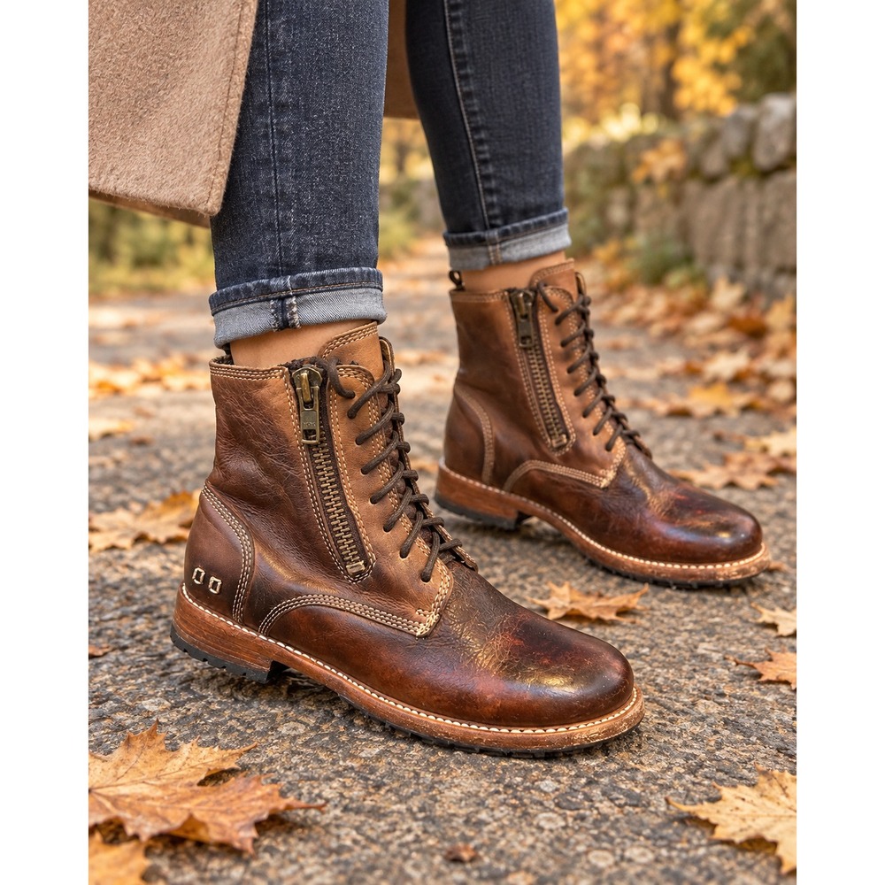 Bed Stu Tactical Boot Women's Size 8 Brown Leather Distressed Lace Up Zipper Lug
